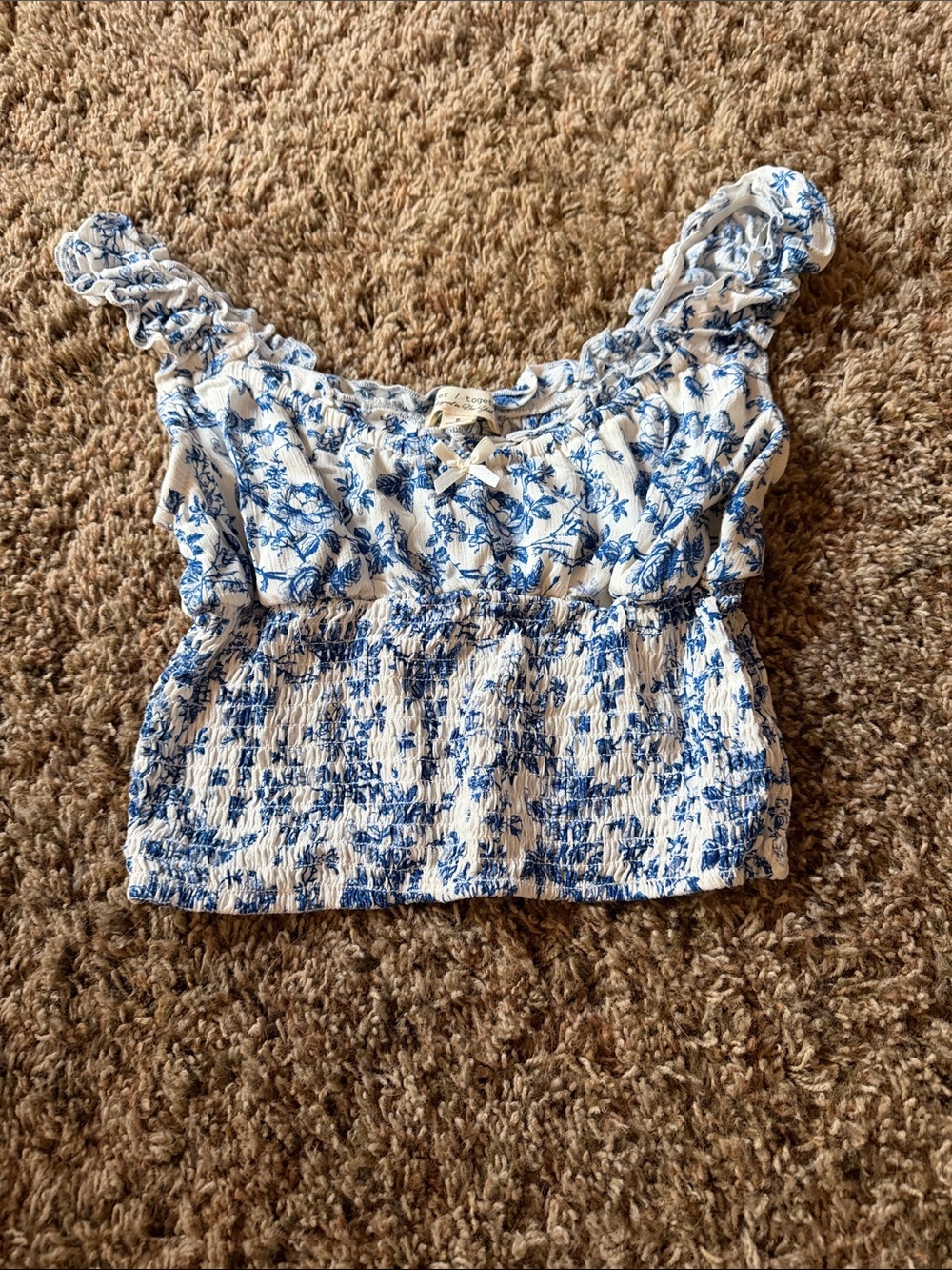 White & Blue Floral Smocked Crop Top with Ruffle Straps